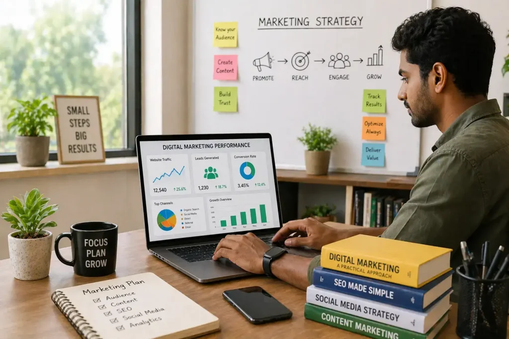 Digital marketing analytics dashboard showing performance tracking and growth metrics