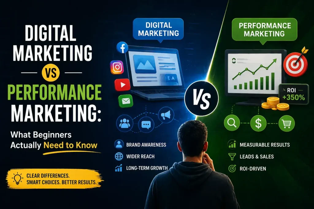 digital marketing vs performance marketing comparison for beginners showing SEO ads ROI differences