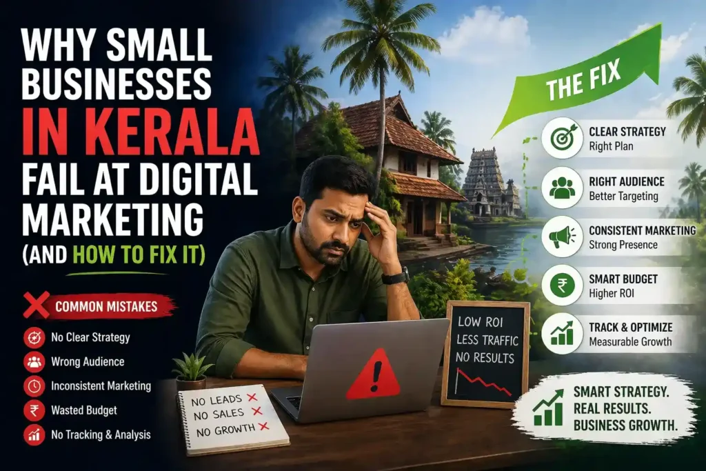 why small businesses in kerala fail at digital marketing common mistakes and solutions illustration