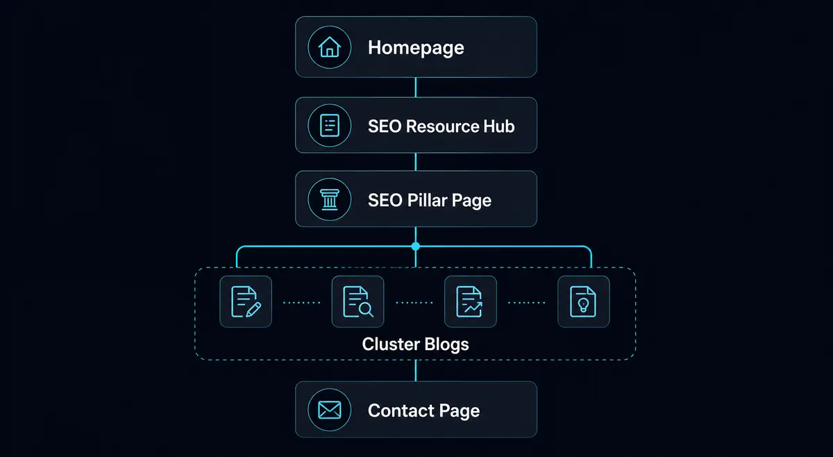 SEO for Business Websites: Why Search Visibility Still Matters Business website SEO structure with hub pillar and cluster pages