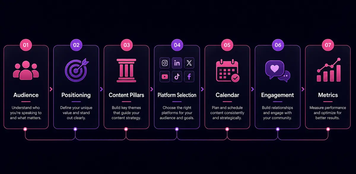 Core elements of a Social Media Marketing Strategy including audience content and metrics