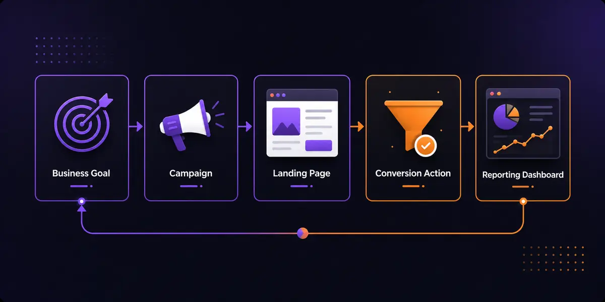 Performance Marketing for Business Growth: How Strategy, Tracking, and Optimization Work Together Performance marketing flow connecting business goals campaigns and conversions