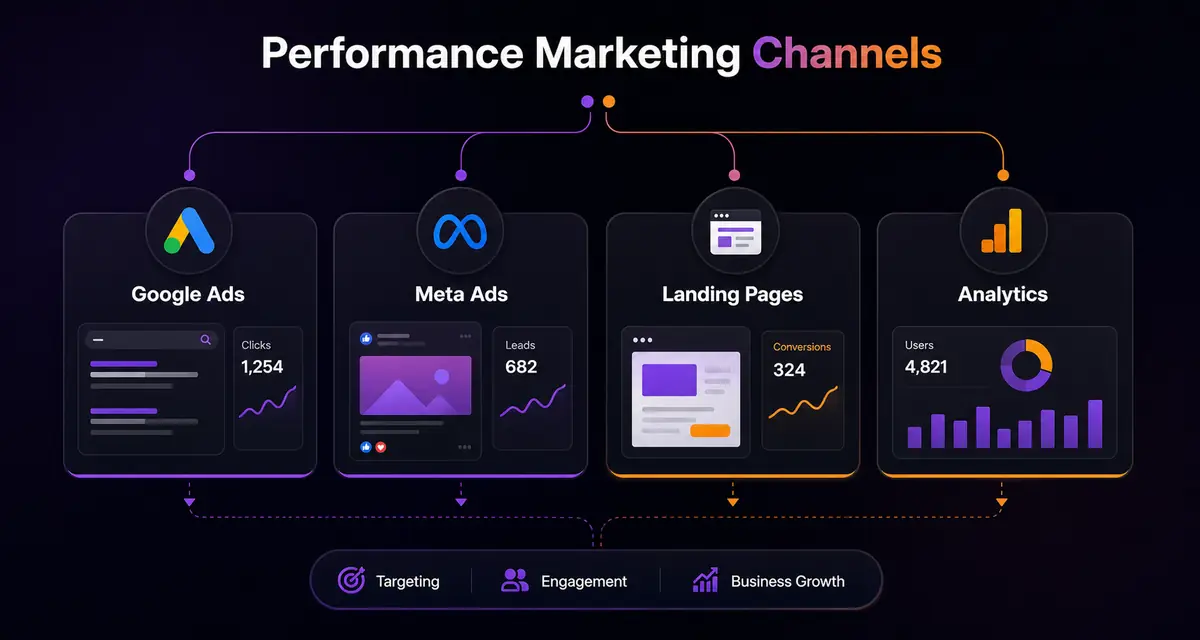 Performance Marketing for Business Growth: How Strategy, Tracking, and Optimization Work Together Performance marketing channels including Google Ads Meta Ads landing pages and analytics