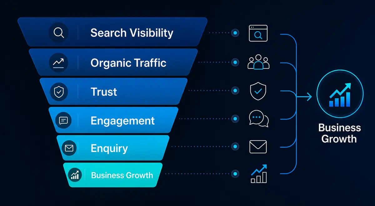 SEO for Business Websites: Why Search Visibility Still Matters SEO business growth funnel from search visibility to enquiries