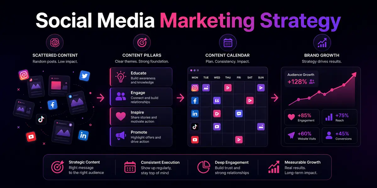 Social Media Marketing Strategy showing content pillars and brand growth