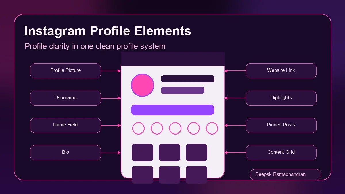 Instagram profile elements overview including profile picture bio link highlights pinned posts and content grid