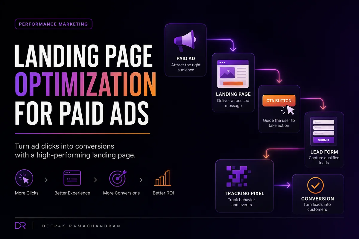Landing Page Optimization for Paid Ads with ad click, CTA, form, tracking, and conversion flow
