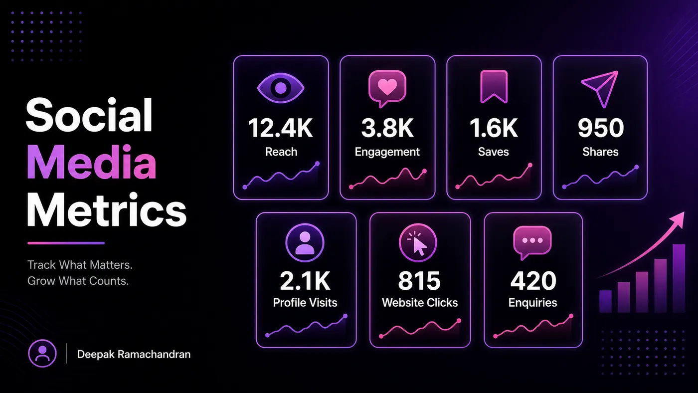 Social Media Metrics dashboard for brand growth with reach, engagement, saves, shares, profile visits, and website clicks