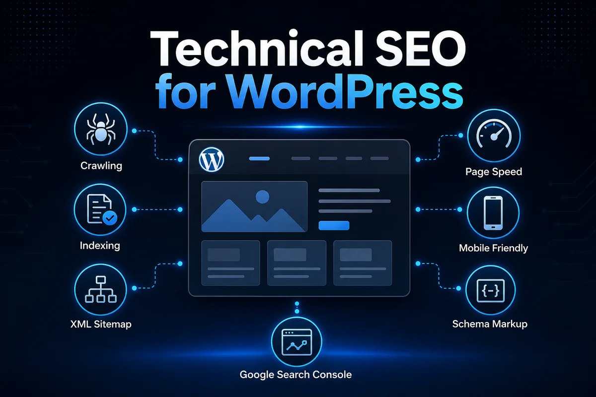 Technical SEO for WordPress checklist with crawling, indexing, speed, sitemap, and schema elements