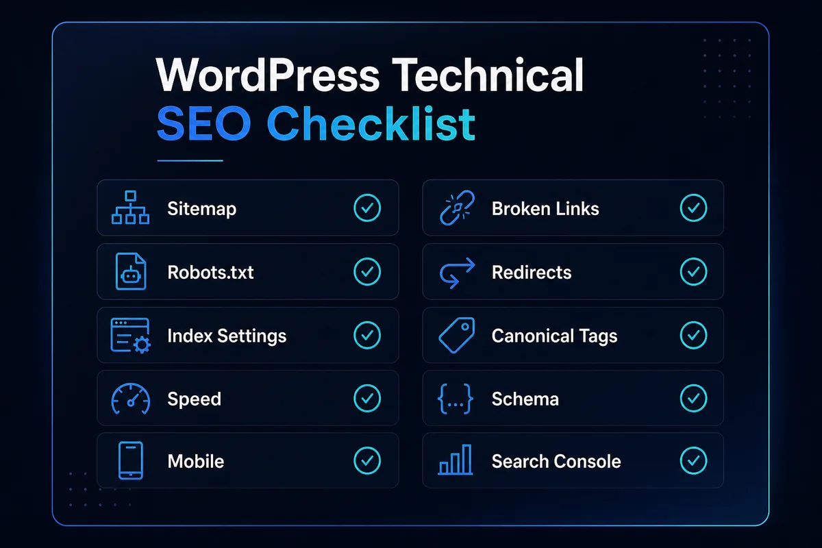 WordPress technical SEO checklist for crawlability, speed, sitemap, schema, and indexing