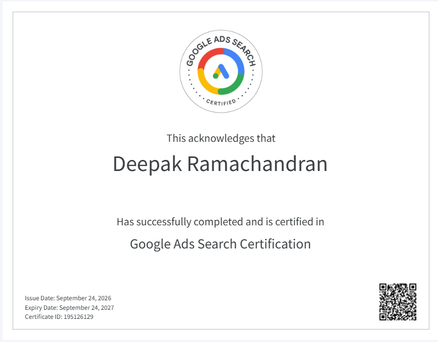 Deepak Ramachandran Google Ads Search Certification