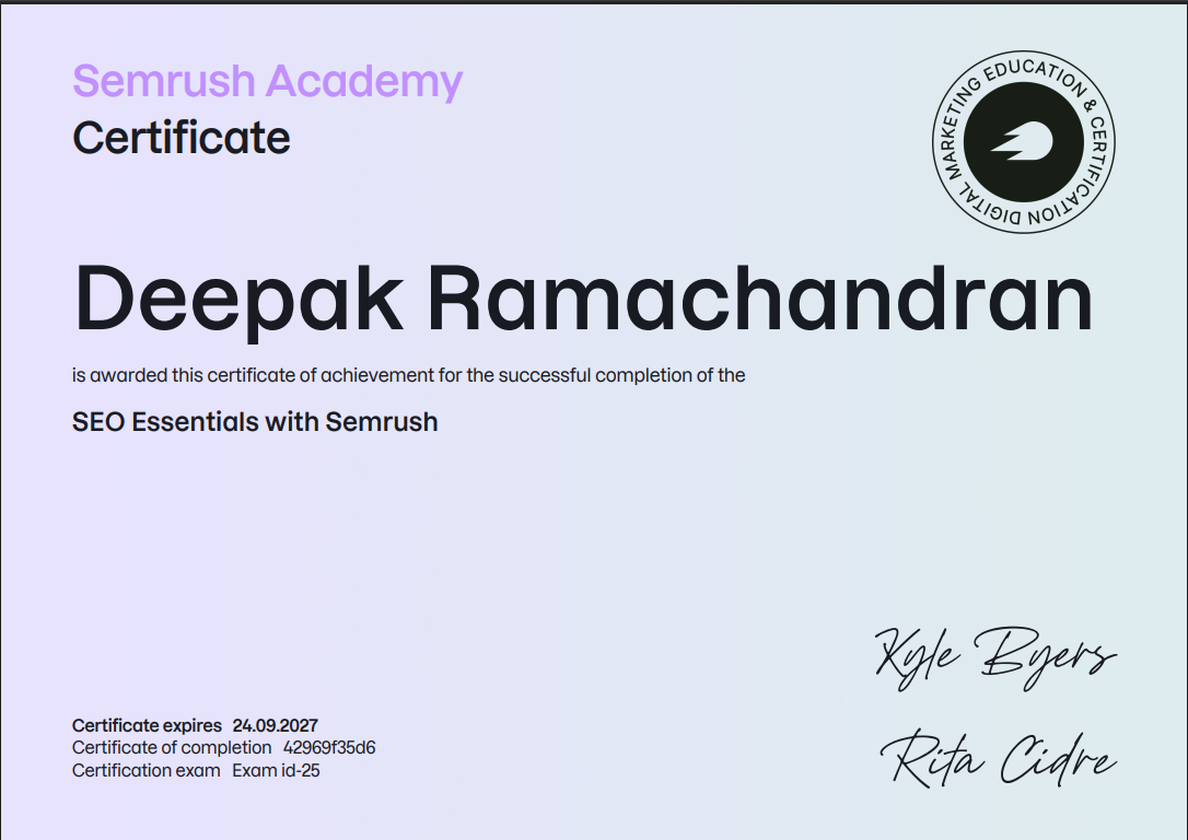 Deepak Ramachandran Semrush SEO Certification